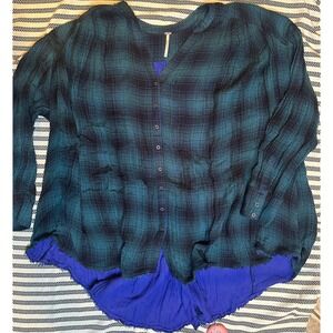 Free People Plaid Tunic Shirt Purple Blue Oversized Button Down Women Medium